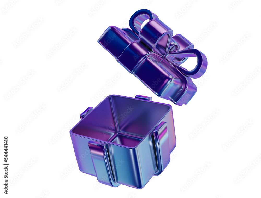Poster 3d holographic opened gift box on isolated background. present with neon colors. 3d rendering illust