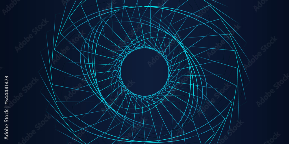 Poster Vector abstract circle frame with wavy rounded lines pattern flowing in blue green colors isolated on black background for concept of music, technology, ai
