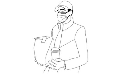 The guy in the cap courier with boxes. One line drawing isolated object by hand on a white background.