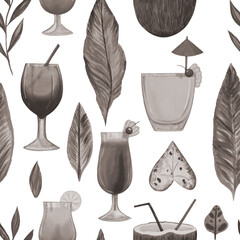 Seamless pattern of tropical leaves and cocktails. Tropical background. Monochrome. Hand-drawn