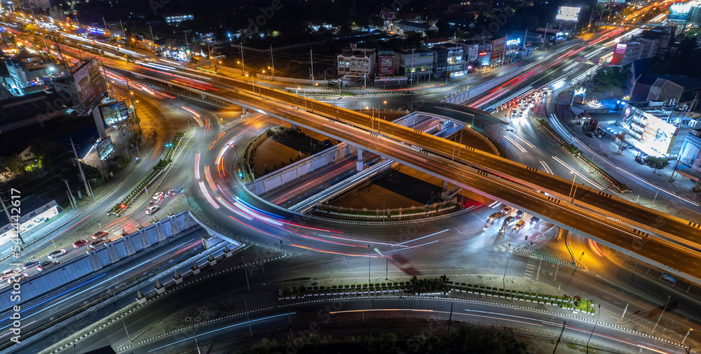 Wall mural expressway top view, road traffic an important infrastructure, car traffic transportation above inte