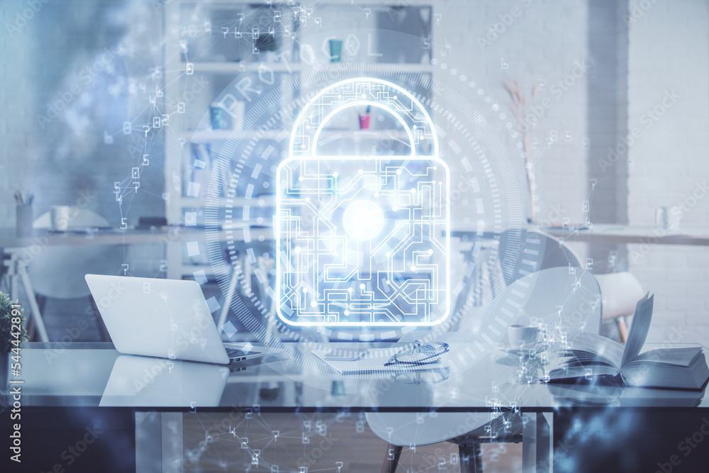 Poster multi exposure of lock drawing and office interior background. concept of data security.