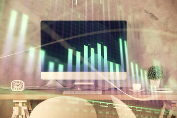 Multi exposure of financial graph drawing and office interior background. Concept of market analysis.