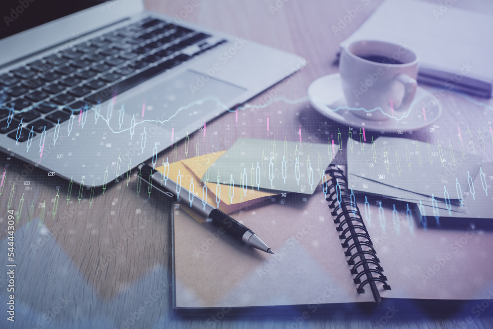 Aufkleber Multi exposure of forex graph drawing and desktop with coffee and items on table background. Concept of financial market trading