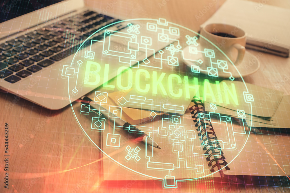 Poster Double exposure of crypto technology drawing and desktop with coffee and items on table background. Concept of blockchain