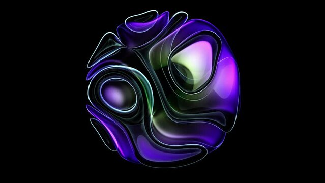 3d render of abstract art video of surreal 3d ball or sphere in curve wavy round and spherical lines forms in transparent glass material with glowing neon purple gradient parts on black background