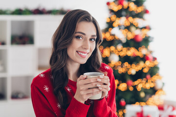 Closeup portrait photo of cute attractive young sweet lady curly brown hairstyle hold mug with hot...