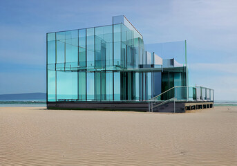 modern glass house on the beach Vacation home or holiday villa for big family 3d illustration