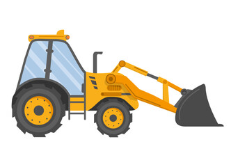 Construction equipment. Special machines.Construction machine.Building work.Heavy construction and mining machinery.Yellow bulldozer tractor.Isolated on white.Side view.Flat vector. © dukesn