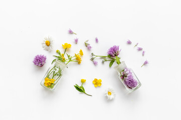 Essence of wild medicinal herbs. Herbal apothecary with wild flowers