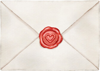 White vintage mail envelope letter with red love heart sealing wax. Realistic art. Hand draw painted watercolor illustration.