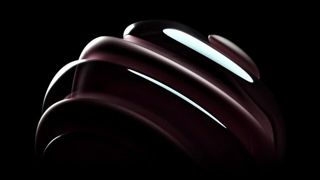 3d render with video of abstract art 3d sculpture with surreal alien dark flower in curve wavy spherical biological lines forms in glass and matte aluminium metal material on isolated black background