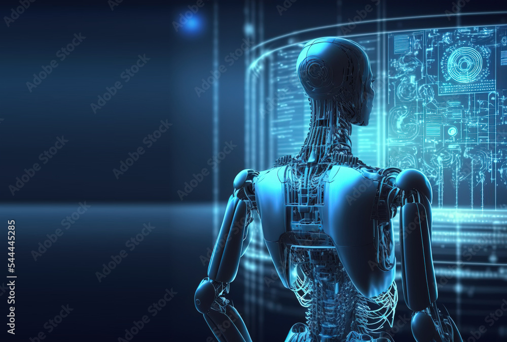 Leinwandbilder Robot or cyborg programming artificial intelligence in cyberspace, data on a large monitor 3d illustration