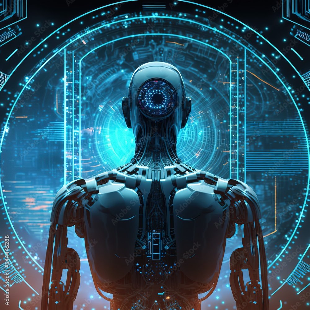 Fototapete Robot or cyborg programming artificial intelligence in cyberspace, data on a large monitor 3d illustration
