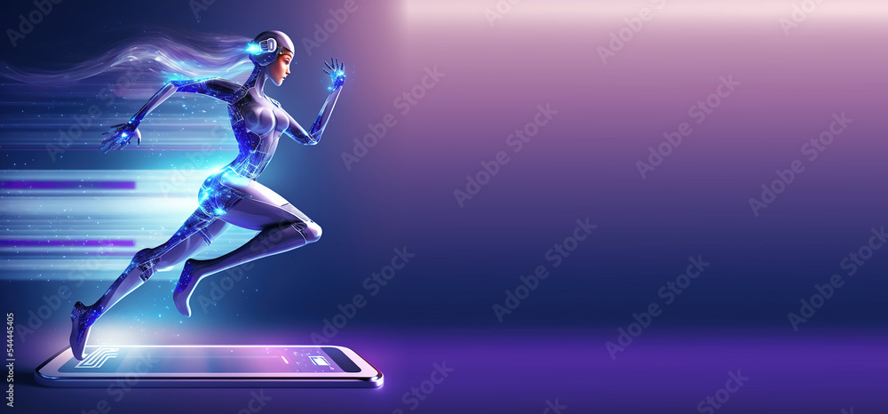 Poster AI cyborg robot running on smartphone screen in hand, physical condition data 3d illustration