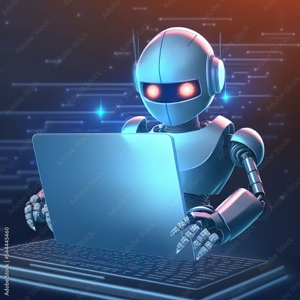 Poster A computer bot hacks the firewall on a laptop. Computer technology 3d illustration