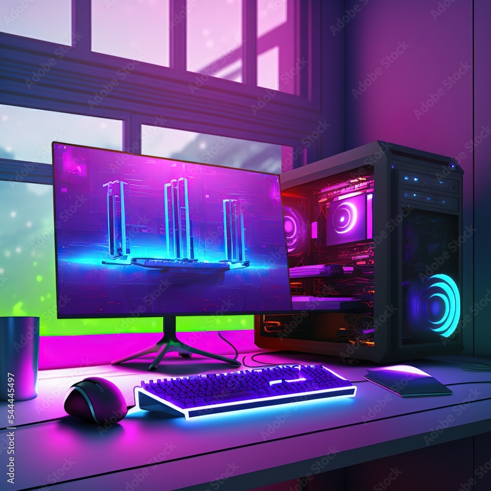 Sticker Gaming computer on a table in a video game room with purple color neon lighting against a window background 3d illustration