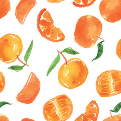 Seamless pattern of watercolor drawings ripe mandarins