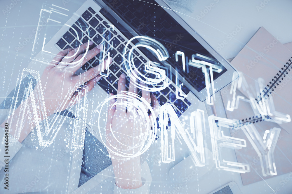 Aufkleber double exposure of woman hands working on computer and blockchain theme hologram drawing. top view. 