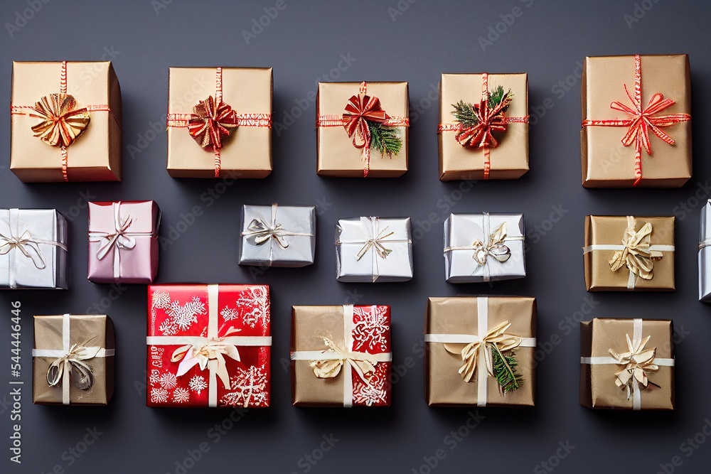 Aufkleber a group of wrapped presents sitting on top of a table next to each other with bows and bows on them.