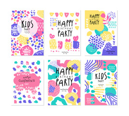 Happy Kids Birthday Party Poster and Invitation Card with Bright Blots Vector Set