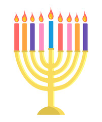 Fototapeta na wymiar Hunukkah menorah icon vector illustration isolated on white background Golden menora sticker with 9 bright colorful tall thick candles. Vector illustration in flat style 