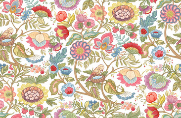 Naklejka premium Fantasy flowers in retro, vintage, jacobean embroidery style. Seamless pattern, background. Vector illustration. Multicolor.
