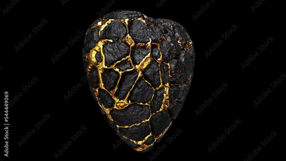 Poster realistic looping 3d animation of the spinning weathered aged dark stone or rock heart with shining 