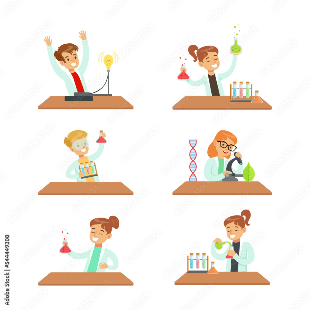 Poster smart kids doing chemical experiments in science lab with flasks vector set