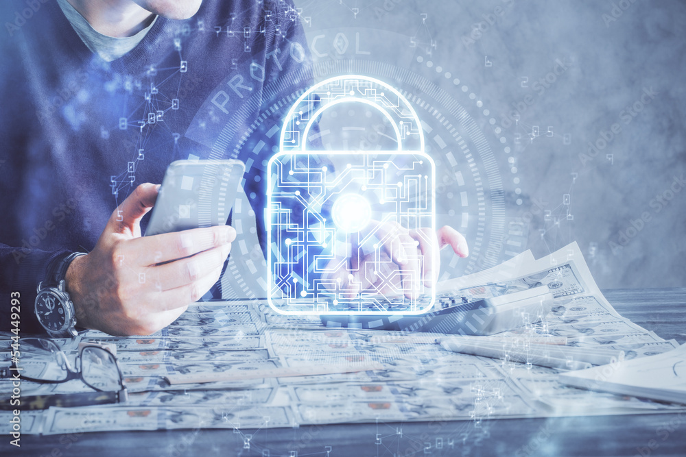 Aufkleber Multi exposure of man's hands holding and using a digital device and lock drawing. Security concept.