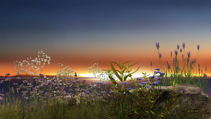 Obraz premium wild flowers , gold sunset , sea water ,starry sky and moon banner background template