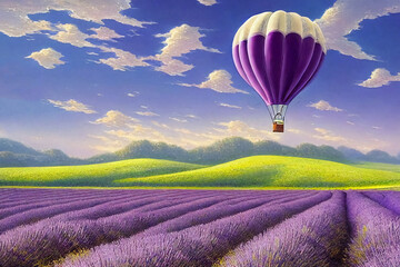 Fototapeta premium Beautiful fantastic landscape with a balloon and lavender.
