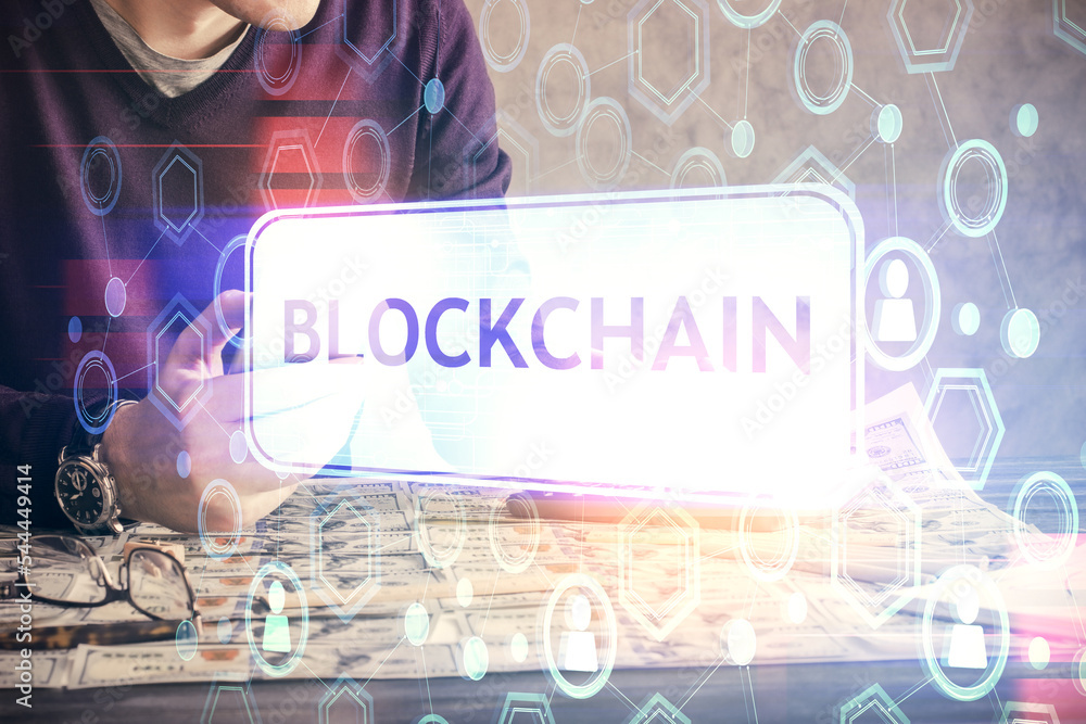 Poster Double exposure of man's hands holding and using a phone and crypto currency blockchain theme drawing.
