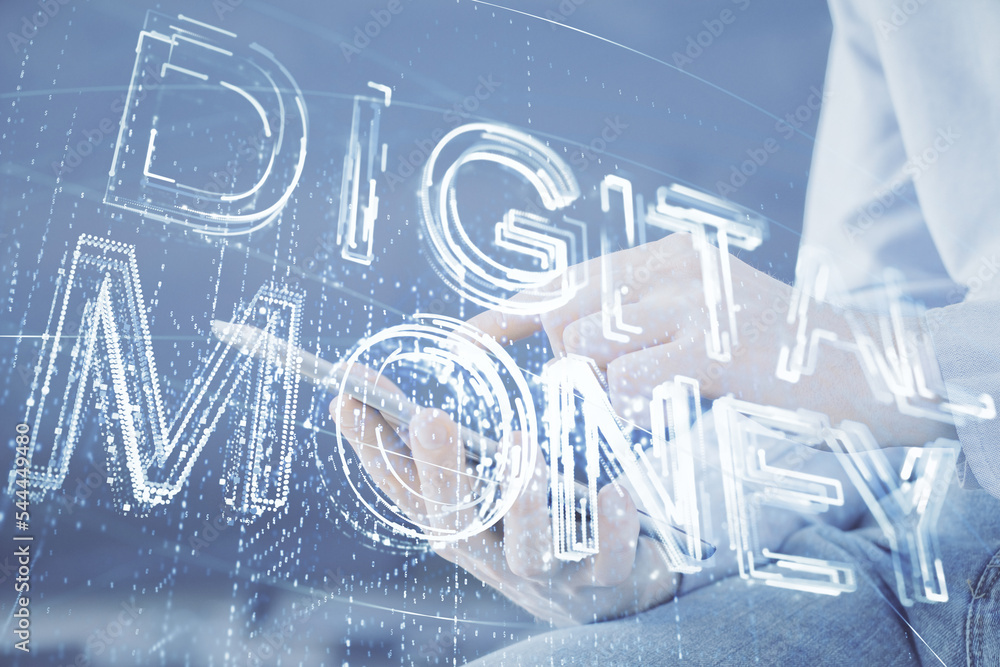 Poster Double exposure of man's hands holding and using a phone and crypto currency blockchain theme drawing.