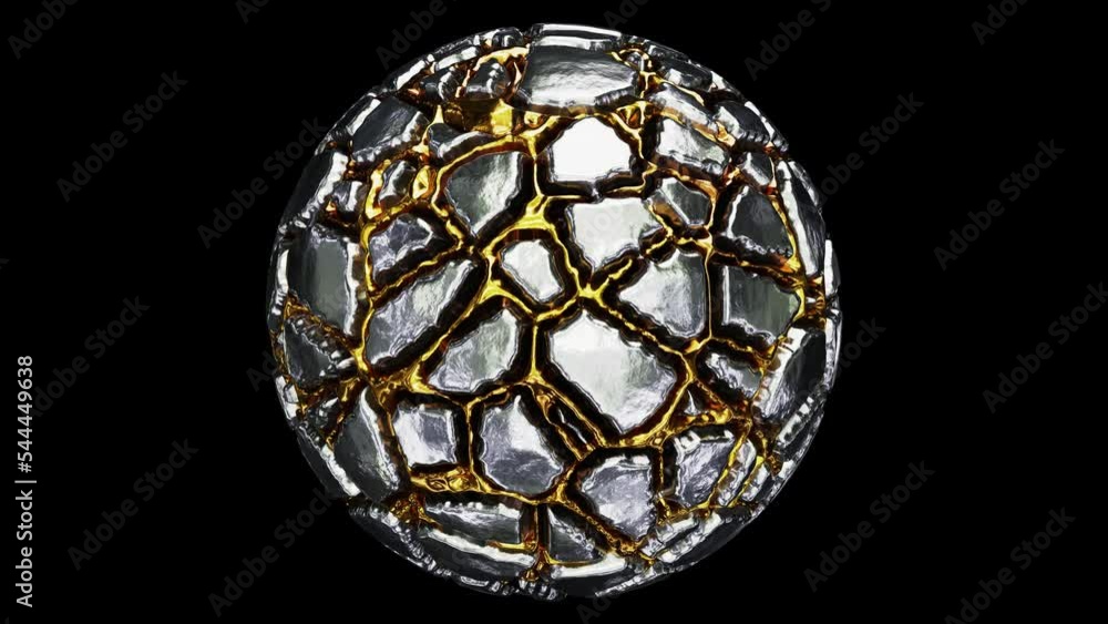 Poster realistic abstract looping 3d animation of the spinning platinum or steel sphere with shining precio