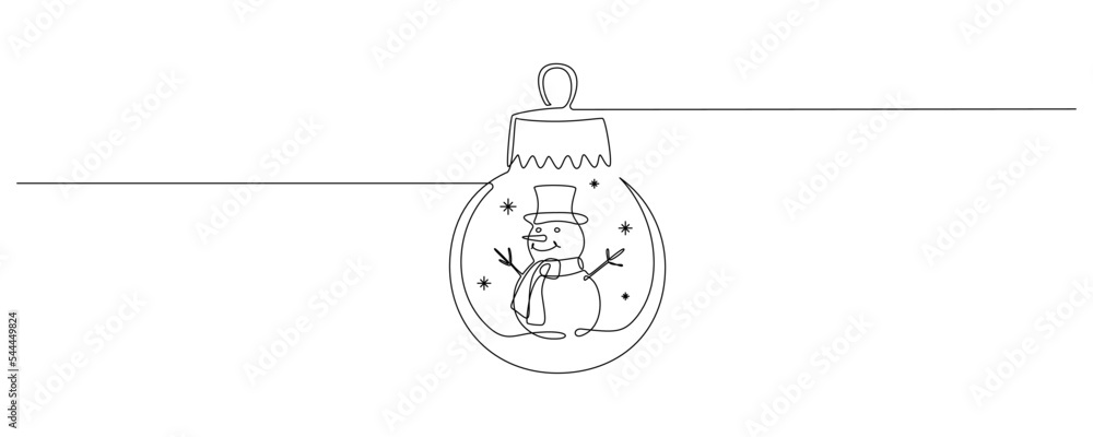 Aufkleber one continuous line drawing of christmas tree ball and snow globe with snowman. magic glass sphere f