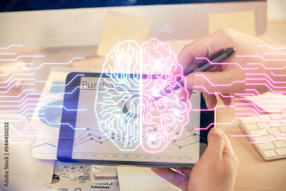 Poster double exposure of man's hand holding and using a digital device and brain hologram drawing. data co