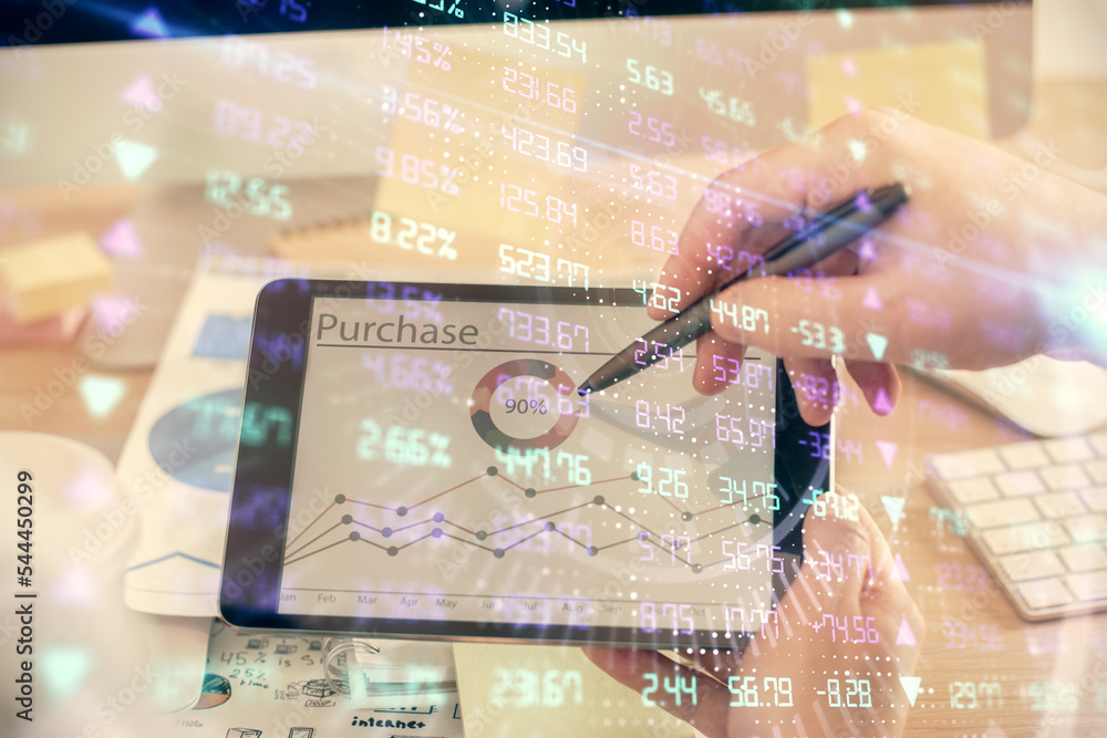 Aufkleber double exposure of man's hands holding and using a phone and financial chart drawing. market analysi