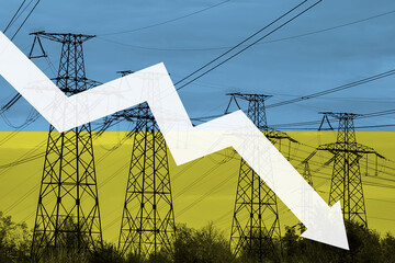 Power line and flag of Ukraine. Energy crisis. Concept of global energy crisis. Decreased electricity generation. Graph arrow is down