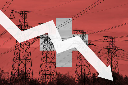 Power line and flag of Switzerland. Energy crisis. Concept of global energy crisis. Decreased electricity generation. Graph arrow is down - Powered by Adobe