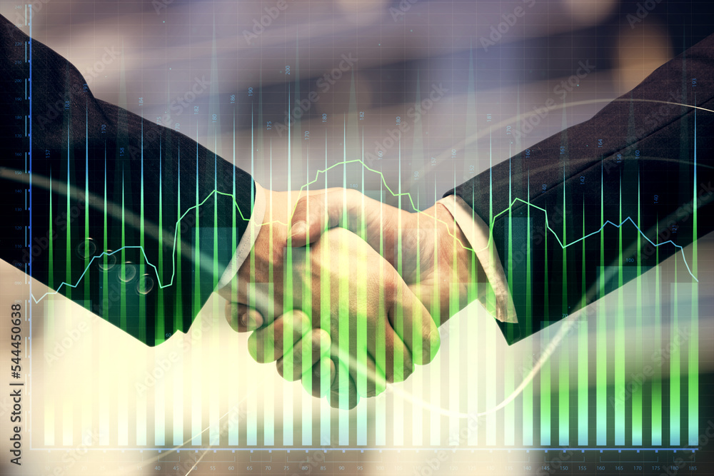 Poster double exposure of forex graph hologram and handshake of two men. stock market concept.