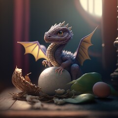 Cute tiny baby dragon, hatching from the dragon egg, 3D rendered, made by AI © Danilo