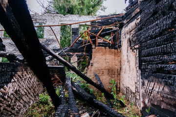 Burned building Fire or war consequences concept