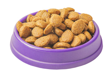 Round dry food in a purple bowl isolated on white. Balanced nutrition for pets.