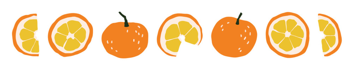 Vector winter delicious oranges and slices illustrations. Hand painted orange fruits. Cozy cute flat fruit icons