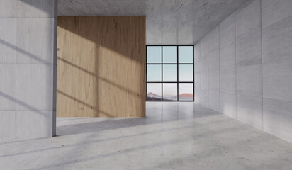 Concrete modern interior space. Blank walls and large windows with sunlight casting shadows. 3D Rendering