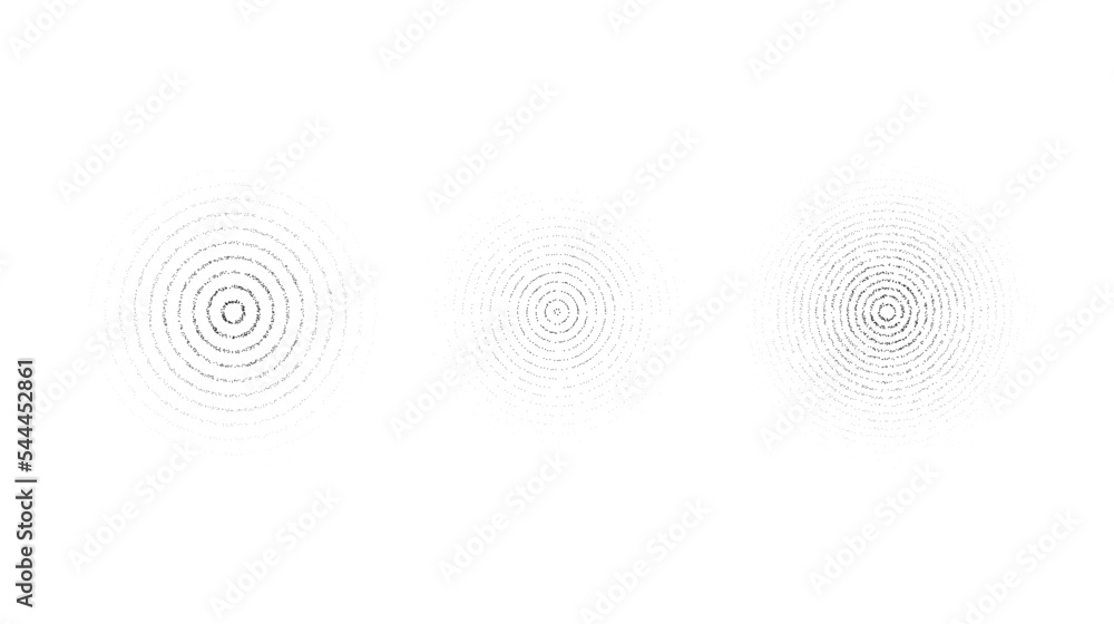 Poster faded concentric circles set. dotted grainy rings set. stippled gradient epicentre, radar or target 