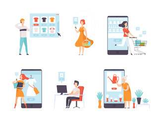 Online Shopping with People Characters Buying and Making Purchase in Mobile Store Vector Set