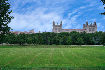 Distant view of gothic buildings on University of Chicago campus from across the Midway Plaisance...