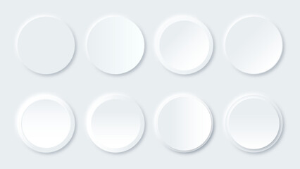 Neumorphism round button design vector set. White paper frames. Blank labels, banners, icons or stickers for your design